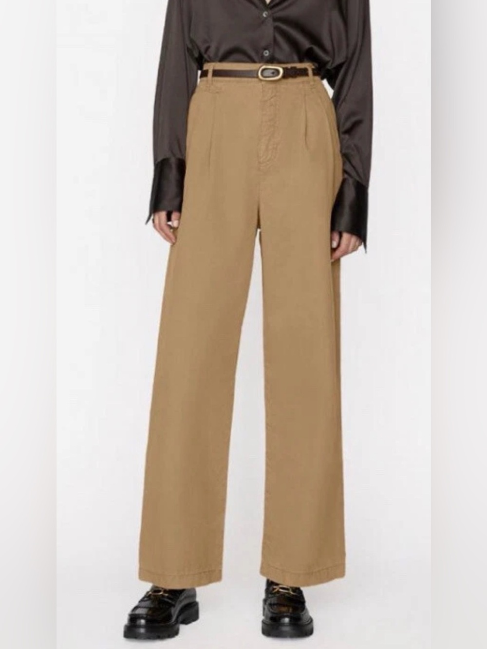 Frame Women’s Wide Leg Camel Chino Trousers High Waist Pleats Pockets Size 23